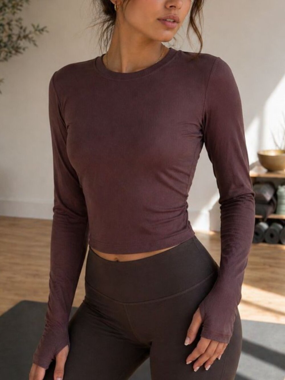 LSKD Flow Rib Long Sleeve Tee Hot Chocolate Fitted Thumbholes NWT M Athleisure